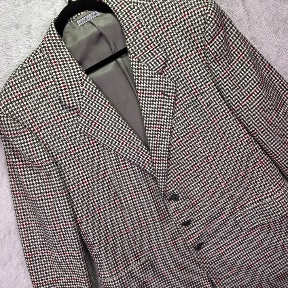 Belvest Mens Blazer 56 L Black White Red Houndstooth Wool Cashmere Italy 46L